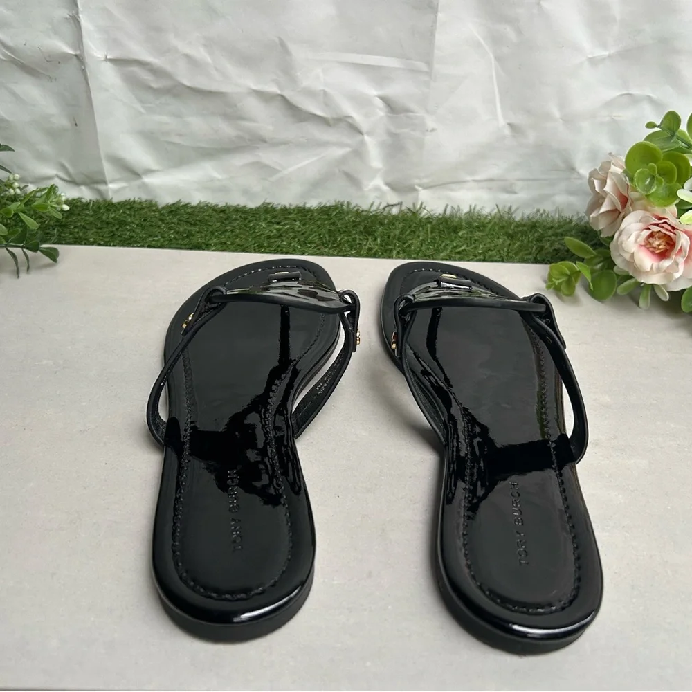 Tory Burch Miller Patent Leather Thong Sandals black size 7.5 gently worn